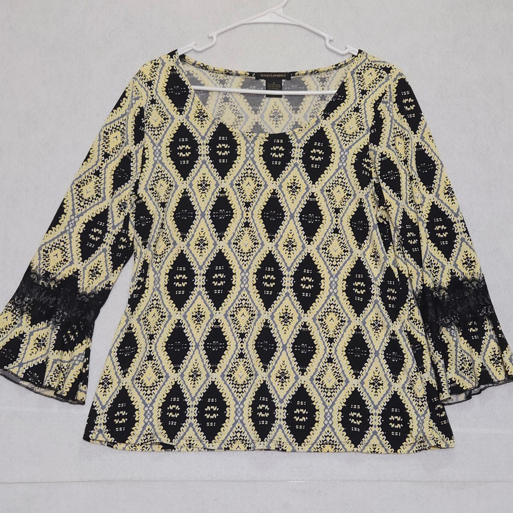 Susan Lawrence Womens Yellow Black Geometric Ikat Bell Sleeve Lace Top‎ Size M